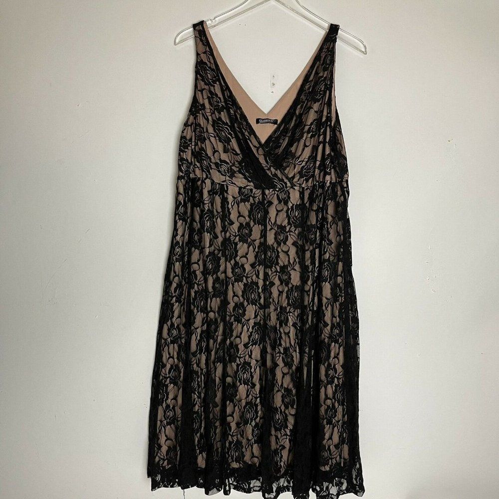 Glamour Black Lace Tan Lining Fit & Flare Knee Length Faux Wrap Top Dress 3XL
